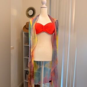 Vibrant Red Bikini Top with Multicolor Cover-Up
